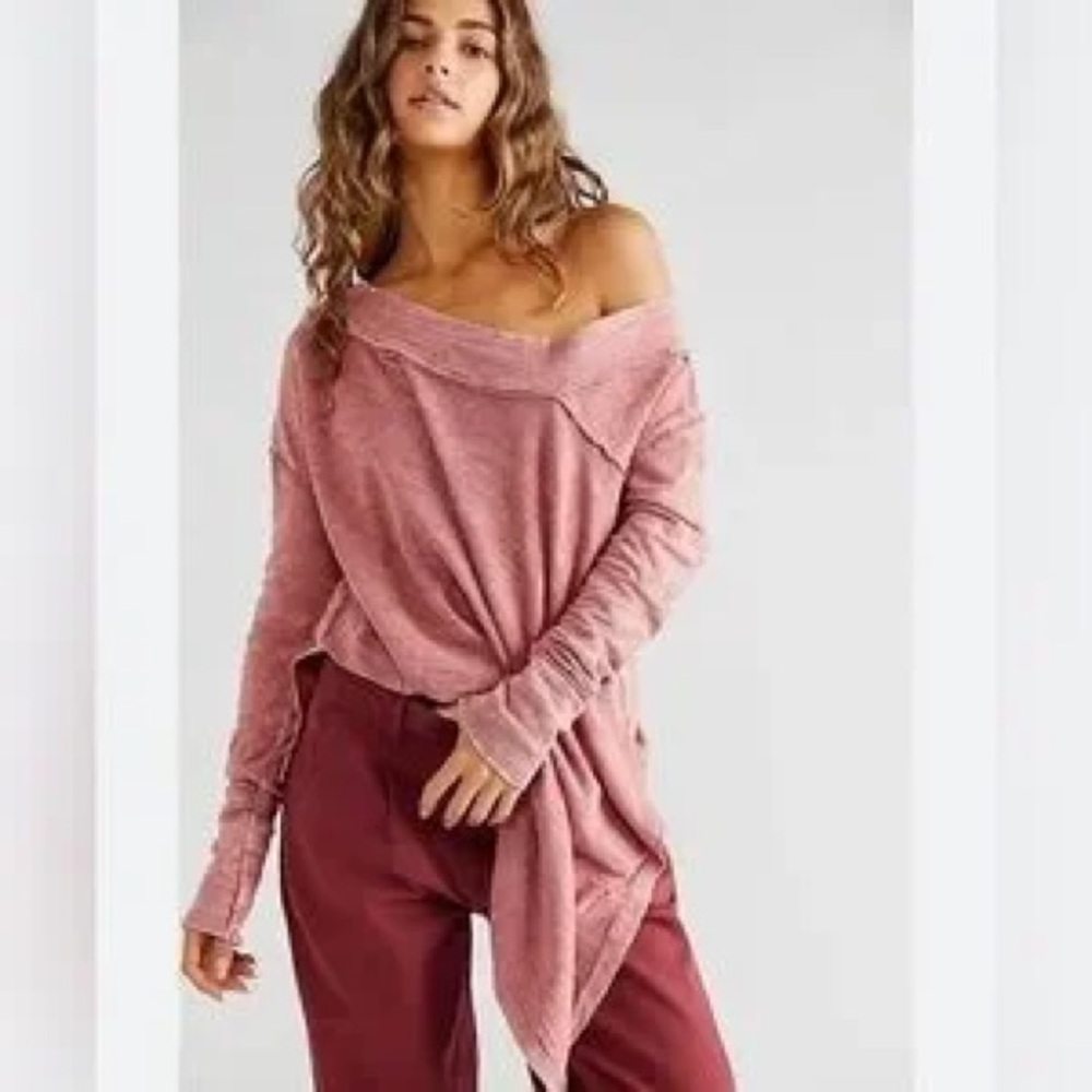 We The Free FP To The Right Long Sleeve Asymmetrical Top Baggy Shirt Rose Pink